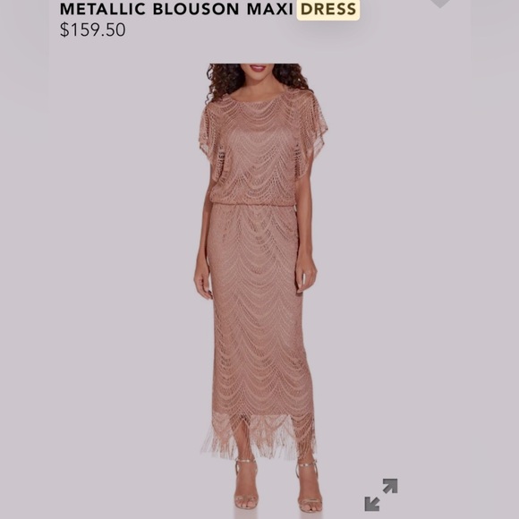 NWOT S.L. Fashions Women's Metallic Crochet Dress with Fringe Hemline. Size 8 - Picture 1 of 11